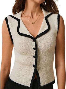 White Sleeveless Button-Front V Neck Sweater Vest with Black Trim